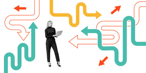 Woman inoutfit holding a laptop with colorful arrows in different directions on a white background....