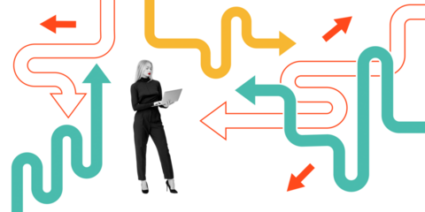 Woman inoutfit holding a laptop with colorful arrows in different directions on a white background. Concept of decision-making, strategy, and choices
