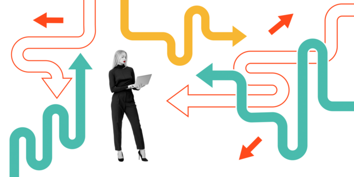 Woman inoutfit holding a laptop with colorful arrows in different directions on a white background. Concept of decision-making, strategy, and choices