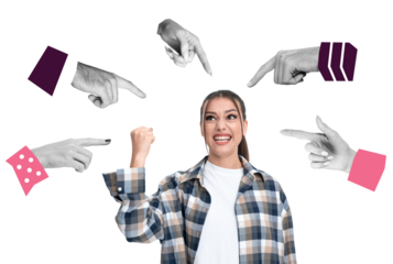 Young woman in checkered shirt smiling confidently while multiple hands point at her in different directions on a white background, concept of pressure