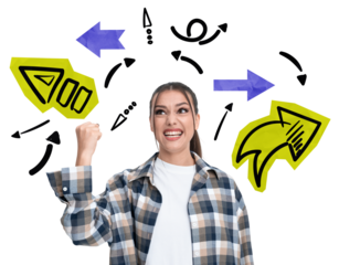 Excited woman raising her fist with various abstract arrows surrounding her, symbolizing ideas, success, and direction on a white background. Concept of thinking
