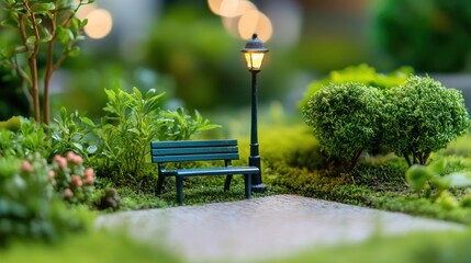 Miniature Park Scene with Bench and Lantern Surrounded by Greenery