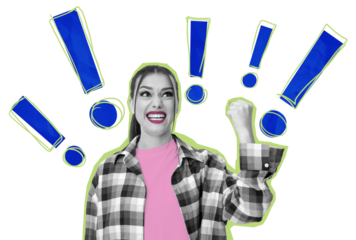 Cheerful woman in plaid shirt with raised fist, surrounded by blue exclamation marks with green outlines on a white background. Concept of excitement