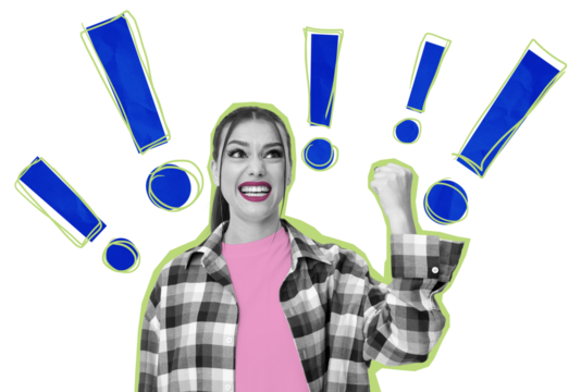 Cheerful woman in plaid shirt with raised fist, surrounded by blue exclamation marks with green outlines on a white background. Concept of excitement