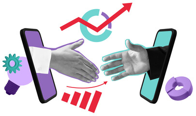 Two hands extending from smartphones for a handshake, surrounded by business and financial icons on a white background. Concept of digital partnership and growth