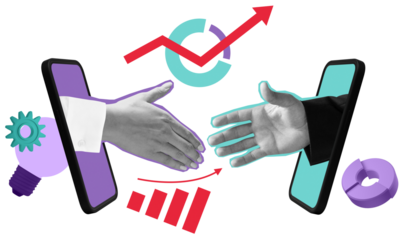 Two hands extending from smartphones for a handshake, surrounded by business and financial icons on a white background. Concept of digital partnership and growth