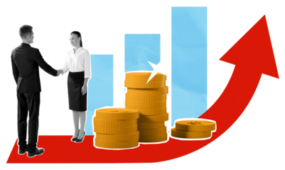 Businesspeople shaking hands with stacks of coins, upward red arrow, and bar chart on a white background. Concept of financial success and partnership