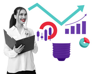 Confident businesswoman holding a folder, analyzing financial charts on a white background. Concept...