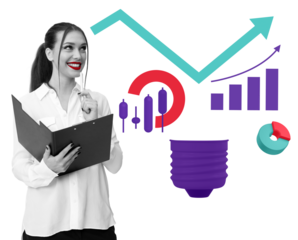 Confident businesswoman holding a folder, analyzing financial charts on a white background. Concept of market growth, analysis, and investment strategy