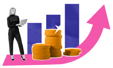 Businesswoman with laptop analyzing financial growth, standing near stacked coins and upward charts. Collage style on white background, success concept