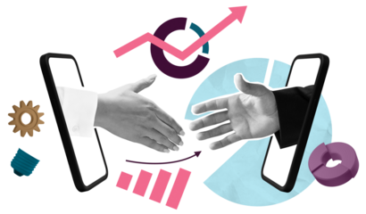 Two hands reaching out from smartphones for a handshake, symbolizing digital business agreements. Surrounding elements include graphs, gears, and charts