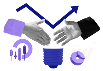 Two hands reaching for a handshake with financial symbols, a growth arrow, and market elements on a white background. Concept of business agreement and success