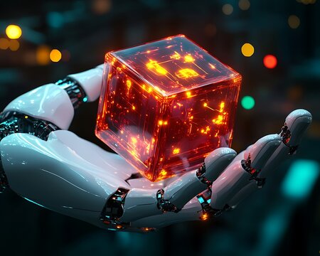 Robot hand holding a glowing transparent cube in its palm