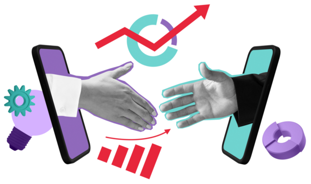 Two hands extending from smartphones for a handshake, surrounded by business and financial icons on a white background. Concept of digital partnership and growth
