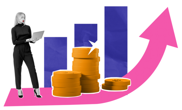 Businesswoman with laptop analyzing financial growth, standing near stacked coins and upward charts. Collage style on white background, success concept