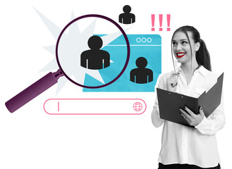 HR specialist holding a folder, analyzing candidate profiles with a magnifying glass, search bar, and exclamation marks on a white background. Recruitment concept