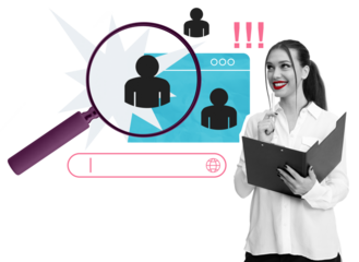 HR specialist holding a folder, analyzing candidate profiles with a magnifying glass, search bar, and exclamation marks on a white background. Recruitment concept