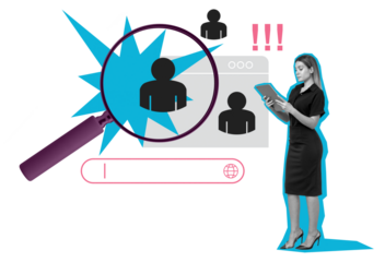 Businesswoman using tablet with magnifying glass highlighting candidate profile, HR recruitment concept, isolated on white background, job search idea