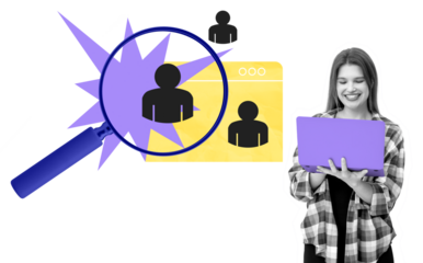 Woman with laptop smiling, magnifying glass highlighting candidate icons, recruitment concept, isolated on white background