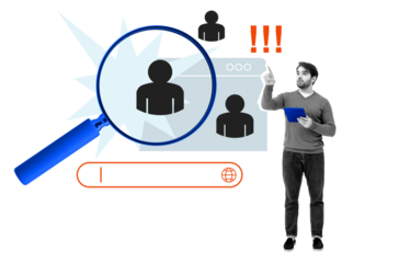 Man holding tablet pointing at candidate search graphics with magnifying glass, browser window, and search bar. Isolated on white background. Hiring concept