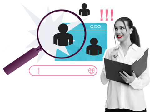 HR specialist holding a folder, analyzing candidate profiles with a magnifying glass, search bar, and exclamation marks on a white background. Recruitment concept