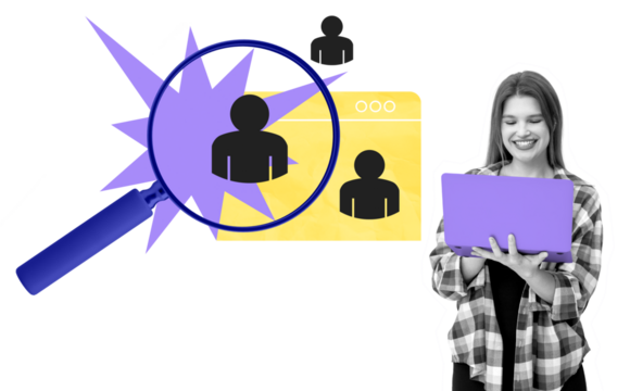 Woman with laptop smiling, magnifying glass highlighting candidate icons, recruitment concept, isolated on white background