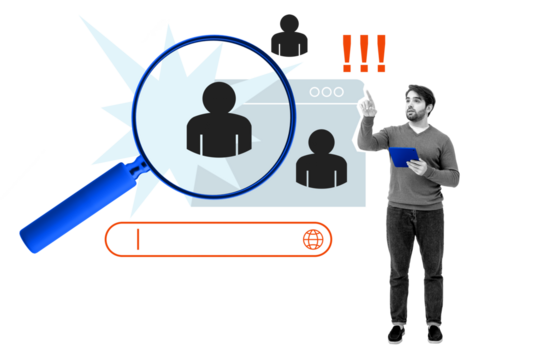 Man holding tablet pointing at candidate search graphics with magnifying glass, browser window, and search bar. Isolated on white background. Hiring concept