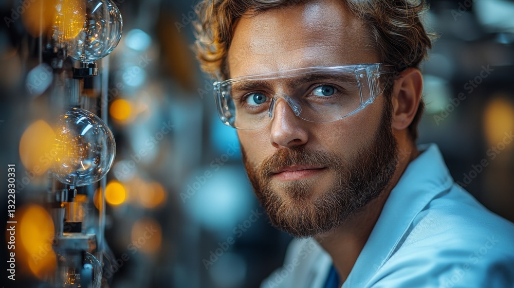 Poster A researcher in a laboratory is actively studying quantum mechanics concepts like superposition and entanglement. He wears protective eyewear and analyzes experimental data.
