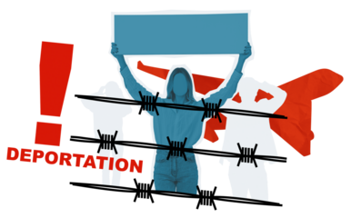 Symbolic protest against deportation featuring a faceless woman holding a sign, barbed wire, an airplane, and an exclamation mark on a white background