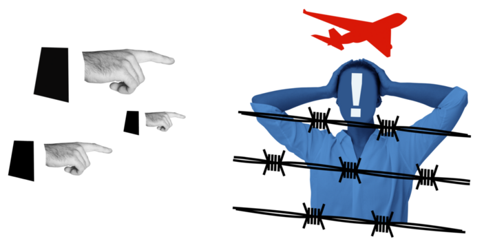 Collage depicting deportation with pointing fingers, a stressed person behind barbed wire, and a red airplane symbolizing removal, on white background - Powered by Adobe