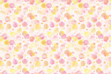 水彩画、ピンクと黄色の水玉模様のシームレスパターン背景