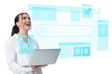 Smiling businesswoman holding a laptop with a futuristic blue search engine interface floating around her on white background, symbolizing online research and digital marketing