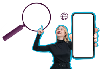Smiling woman inoutfit holding smartphone with blank screen, pointing at magnifying glass icon on white background. Concept of online search and browsing