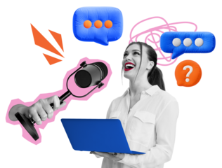 Woman holding a blue laptop, surrounded by speech bubbles, a microphone, and abstract elements on a white background. Concept of communication and media