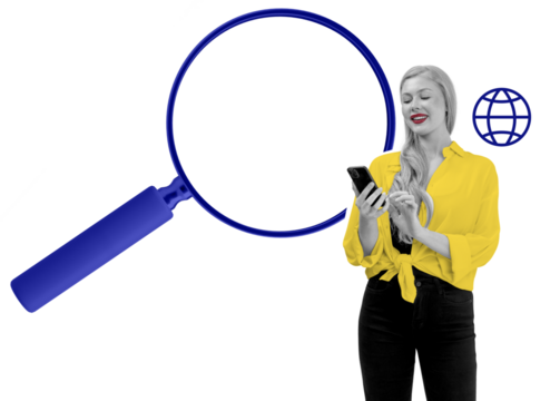Woman in yellow shirt using smartphone, magnifying glass and internet icon beside her on white background. Concept of online search and digital communication