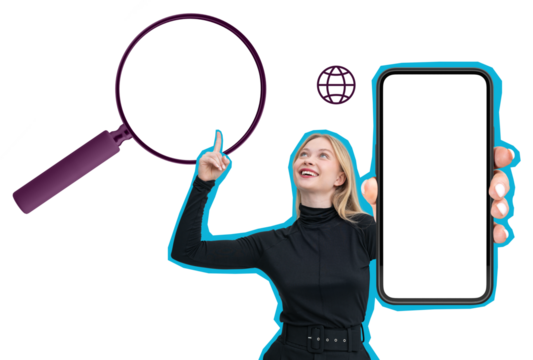 Smiling woman inoutfit holding smartphone with blank screen, pointing at magnifying glass icon on white background. Concept of online search and browsing