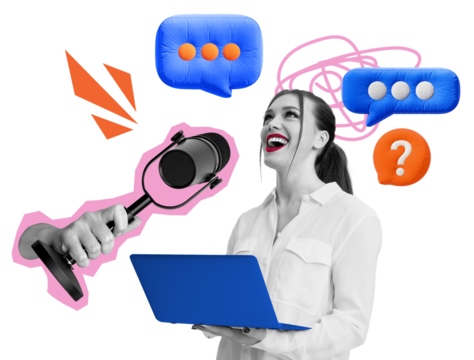 Woman holding a blue laptop, surrounded by speech bubbles, a microphone, and abstract elements on a white background. Concept of communication and media