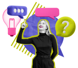 Woman inoutfit pointing up, surrounded by colorful speech bubbles and a glowing light bulb. Modern collage style on a white background, concept of ideas