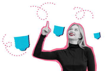 Woman inoutfit pointing up with abstract blue speech bubbles and pink dotted lines on a white background. Concept of conversation and ideas