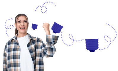 Smiling woman raising fist in excitement with floating blue light bulbs and dotted lines on white background. Concept of creativity, idea, and inspiration