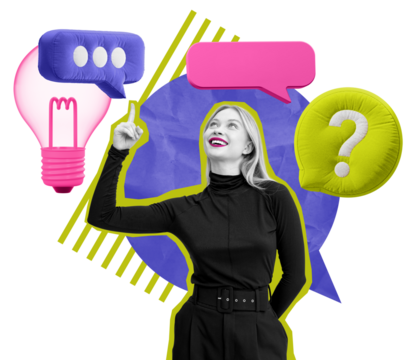 Woman inoutfit pointing up, surrounded by colorful speech bubbles and a glowing light bulb. Modern collage style on a white background, concept of ideas