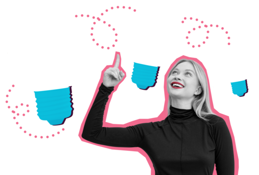 Woman inoutfit pointing up with abstract blue speech bubbles and pink dotted lines on a white background. Concept of conversation and ideas