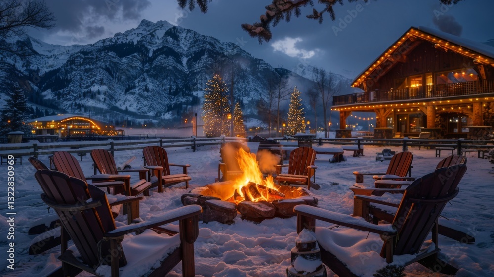 Aufkleber a group of wooden chairs encircles a glowing bonfire against a backdrop of majestic snow covered mou