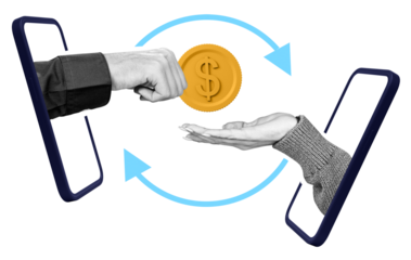 Hands exchanging a digital coin through smartphone screens on a white background. Concept of online money transfer, digital banking, and financial transactions