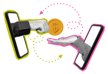 Hands emerging from smartphones exchanging a coin, symbolizing online transactions. Abstract collage style on a white background. Concept of digital payments