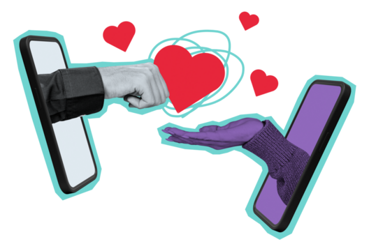 Two hands emerging from smartphones exchanging a heart, symbolizing online dating and digital romance. Abstract collage style on a white background