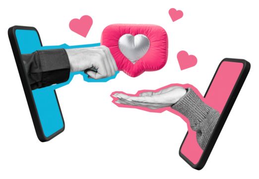 Hands emerge from smartphones exchanging a heart symbol, representing online dating and virtual love, on an isolated white background