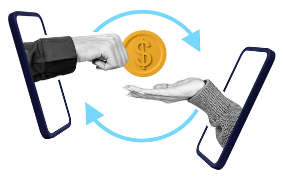 Hands exchanging a digital coin through smartphone screens on a white background. Concept of online money transfer, digital banking, and financial transactions