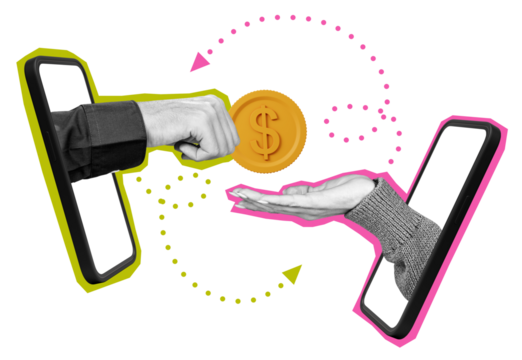 Hands emerging from smartphones exchanging a coin, symbolizing online transactions. Abstract collage style on a white background. Concept of digital payments