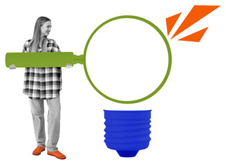Woman in plaid shirt holding large green marker, forming an empty speech bubble with blue and orange elements on a white background, concept of communication